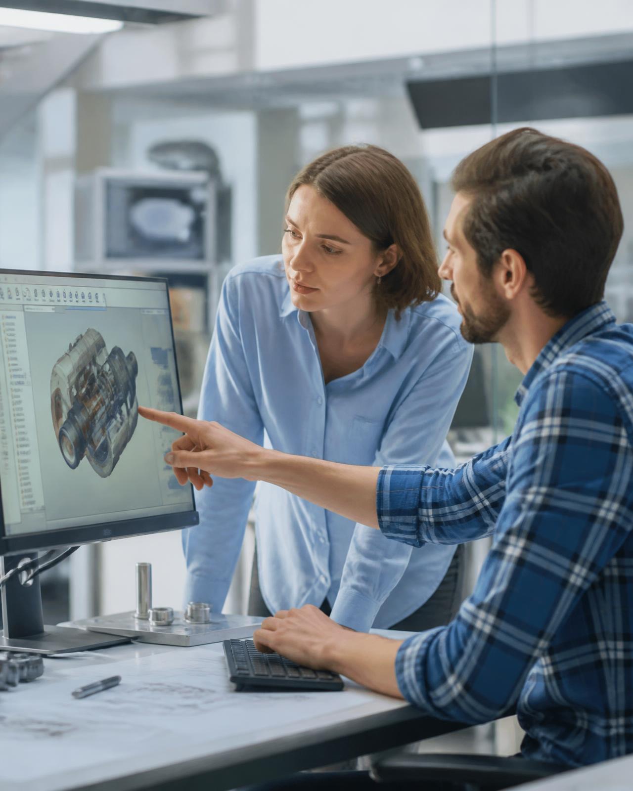 Bondist engineers reviewing a 3D CAD assembly