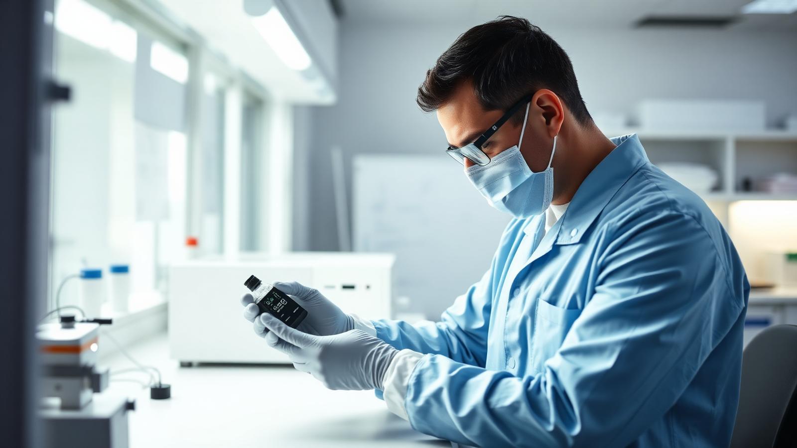 Engineer in cleanroom gown examining a medical device prototype at a laboratory bench