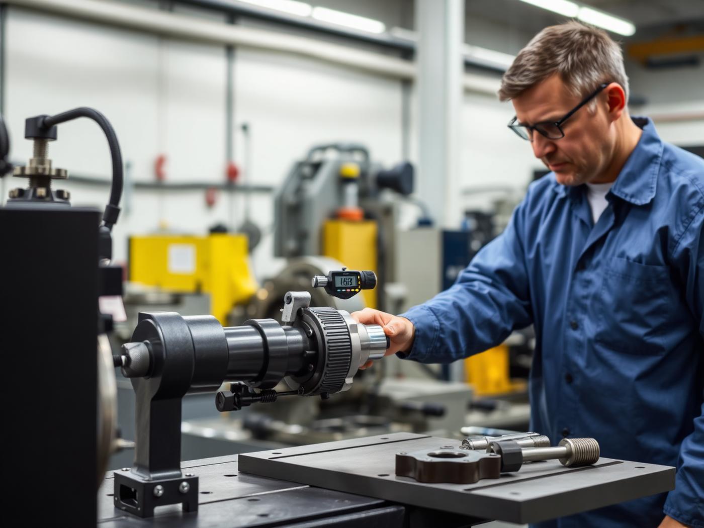 Engineer inspecting a precision machined component with a digital micrometer